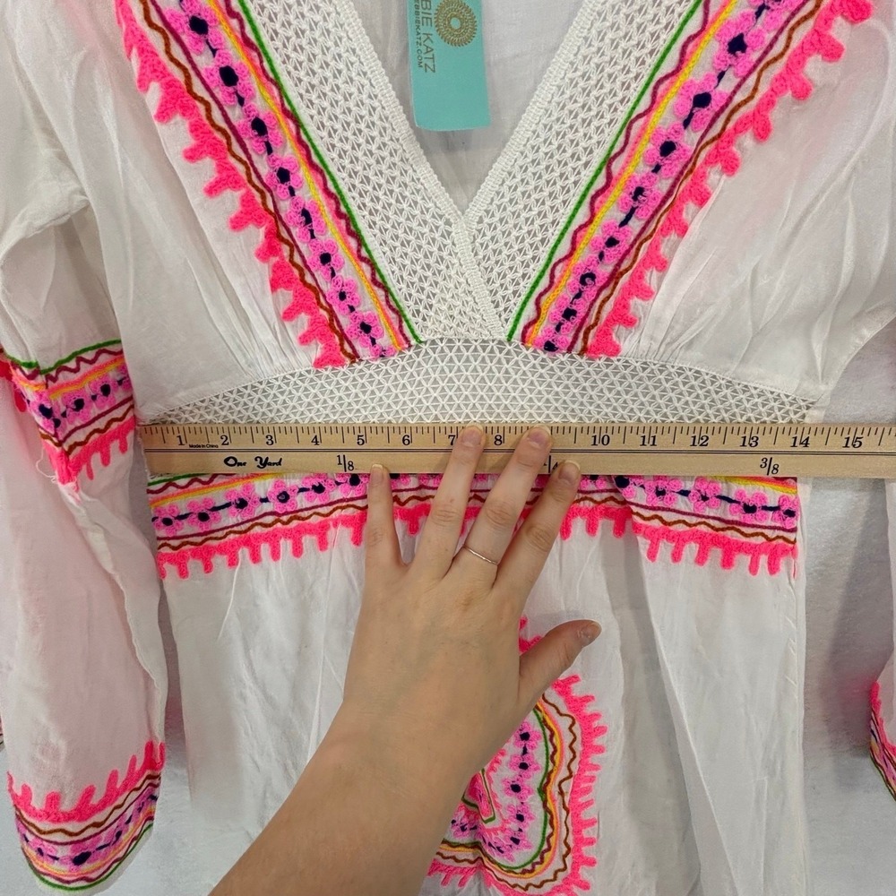 Debbie Katz Cover Up Mini Dress XS White Pink Summer Boho Beach Vacation - Picture 9 of 14